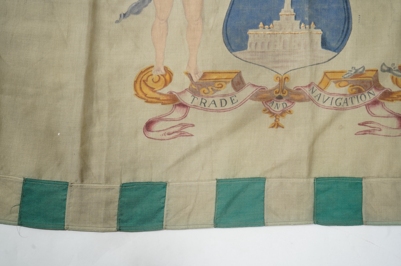 An unusual early 20th century hand painted British Royal Exchange Assurance Company ensign. Formed in 1720 it insured ships and goods at sea, fire for buildings and life insurance. The company merged with Guardian Assura